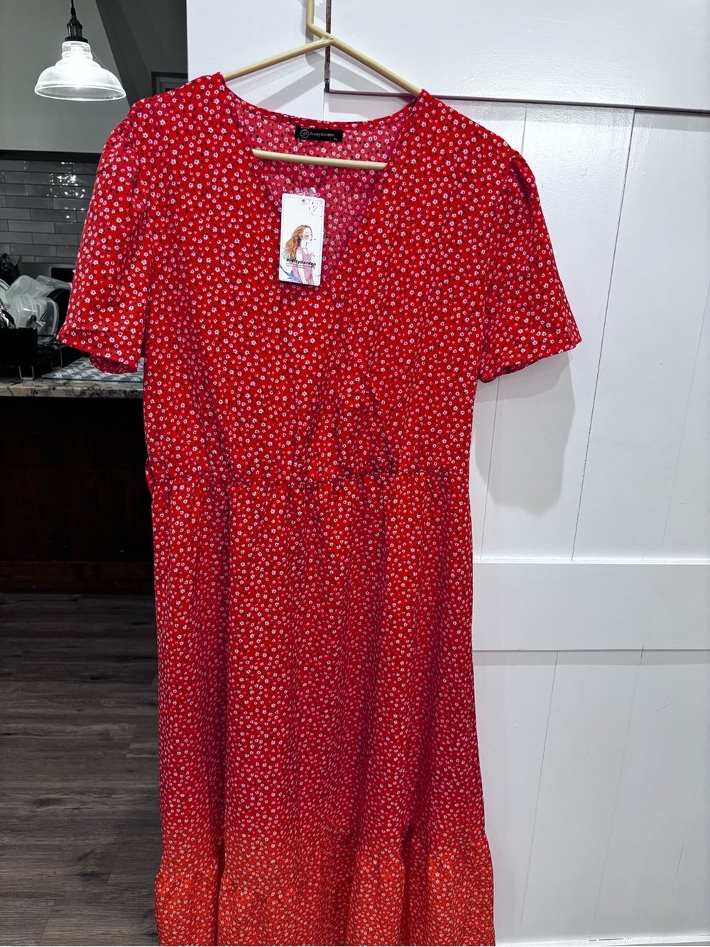 Red Floral Short-Sleeve Midi Dress